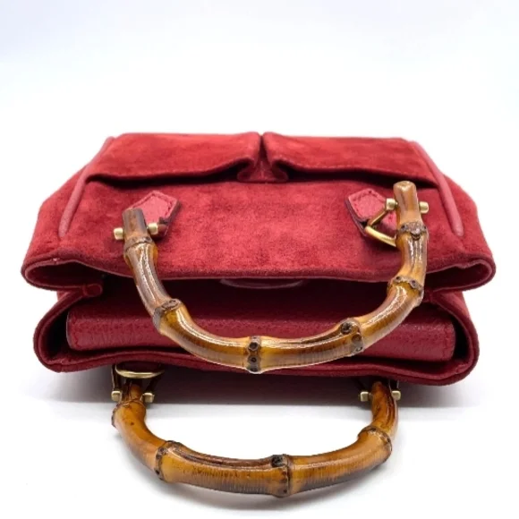 SALE! Gucci Red Suede Mini Satchel Handbag/Shoulder Bag W Bamboo Handles & Strap - Picture 4 of 16